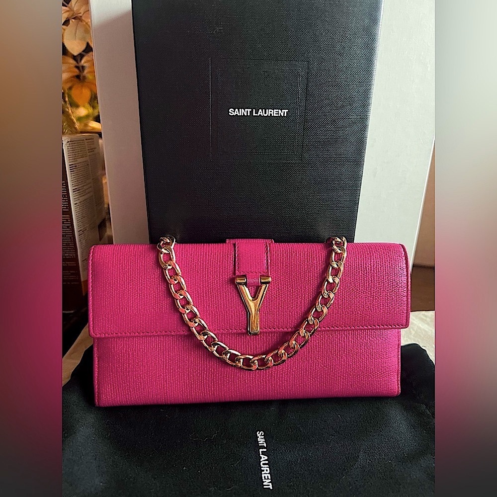 Saint Laurent Textured Calfskin Classic Y Ligne Continental Fuchsia Card Wallet - Picture 11 of 11